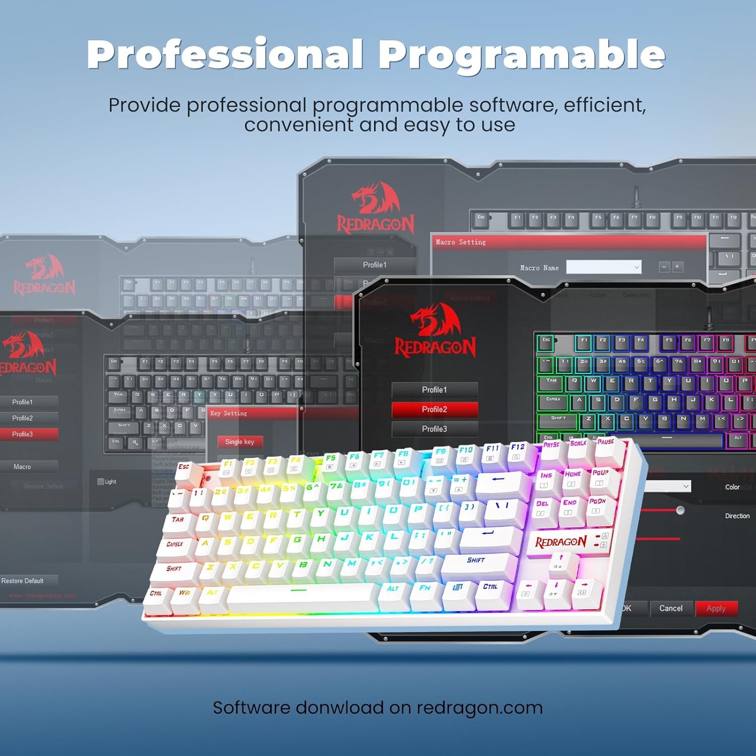 K552P Mechanical Gaming Keyboard TKL with 18 Backlight Modes, Hot-Swappable Red Switches, 87-Key Compact Ergonomic Design, N-Key Rollover & Software Programmable Macro - RGB, White